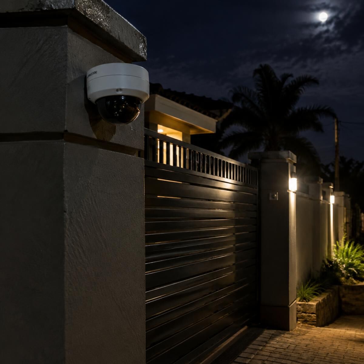 CCTV dome camera on a boundary wall at night
