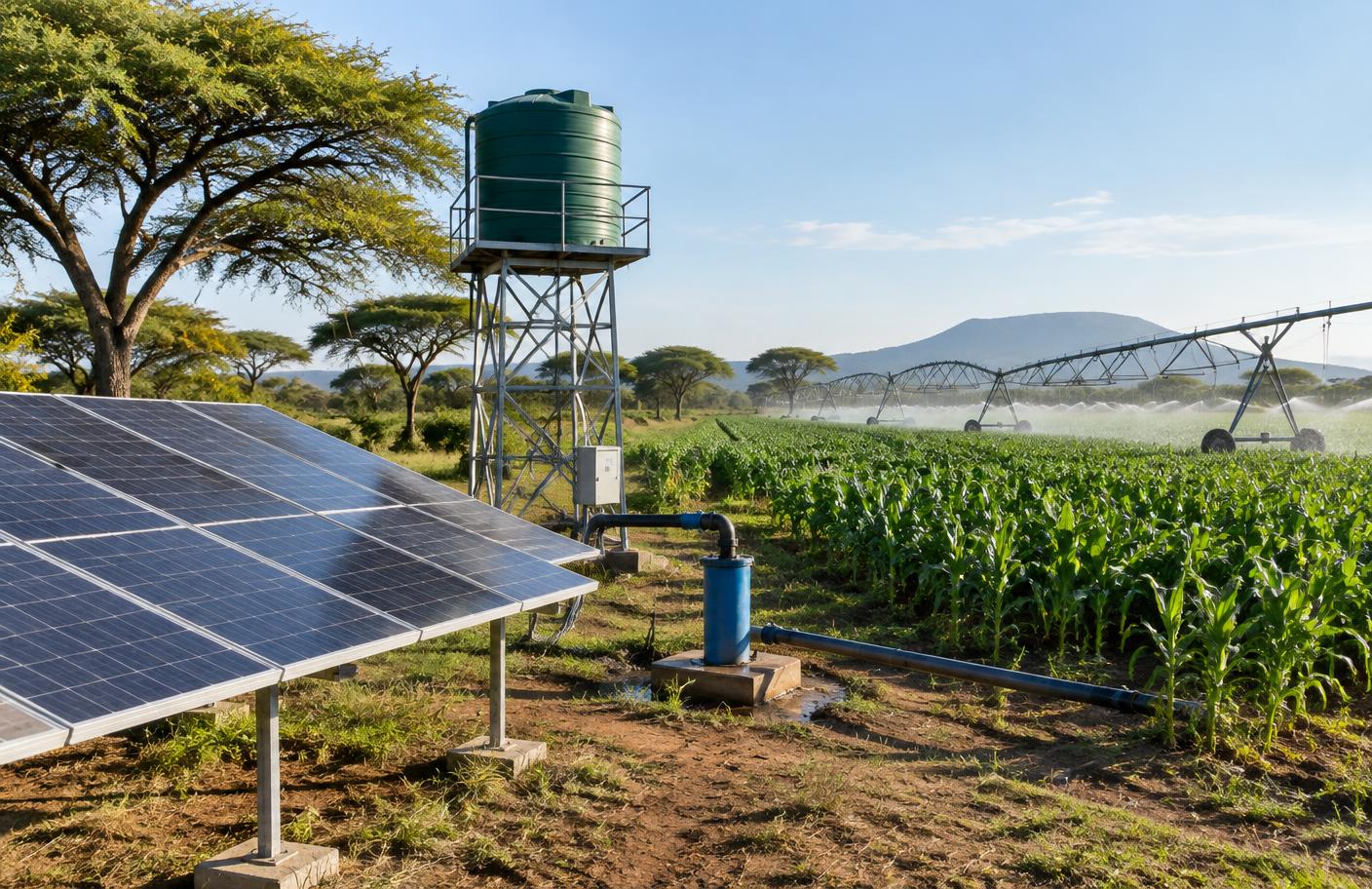 Solar borehole pump and water tank on a Zimbabwean farm